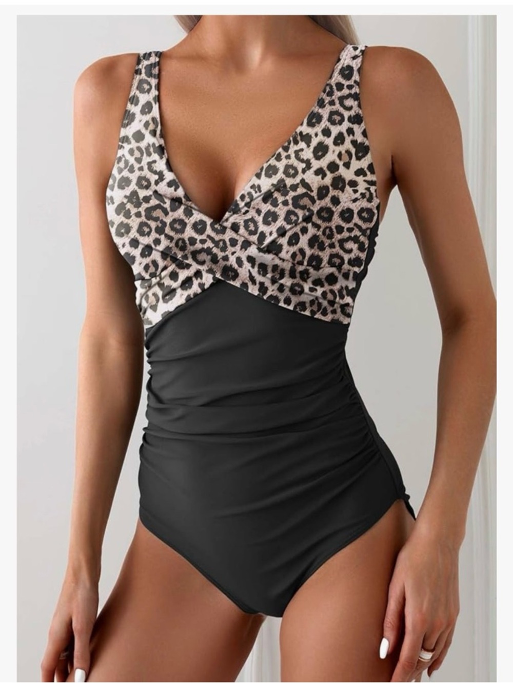Leopard Print & Black V-Neck One-Piece Swimsuit w/ Tummy Control NWT SMALL